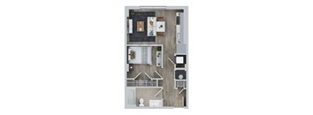 A top down view of a house layout with a kitchen, living room, and bedrooms.
