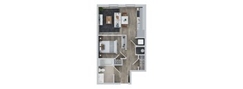A top down view of a house layout with a kitchen, living room, and bathroom.