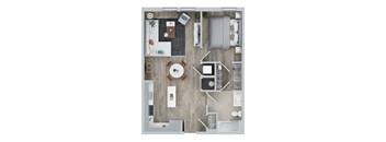 A top-down view of a small apartment layout with a kitchen, living room, and bathroom.