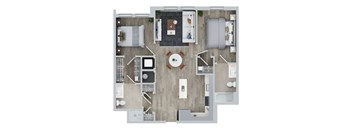 A top down view of a house interior with a kitchen, living room, and bathroom.