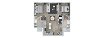 A top-down view of a well-organized apartment with a kitchen, living room, and bedrooms.