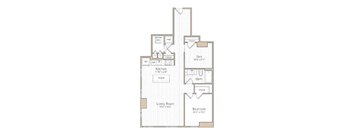 A floor plan of a house with a kitchen, living room, and bedroom.