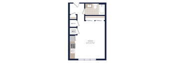 A floor plan of a studio apartment with a kitchenette, bathroom, and living room.