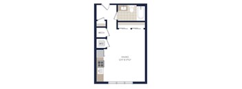 A floor plan of a studio apartment with a kitchen, bathroom, and living room.