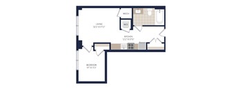 A floor plan of a small apartment with a bedroom, kitchen, and living room.