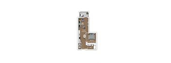 A floor plan of a small apartment with a kitchen, living room, and bathroom.