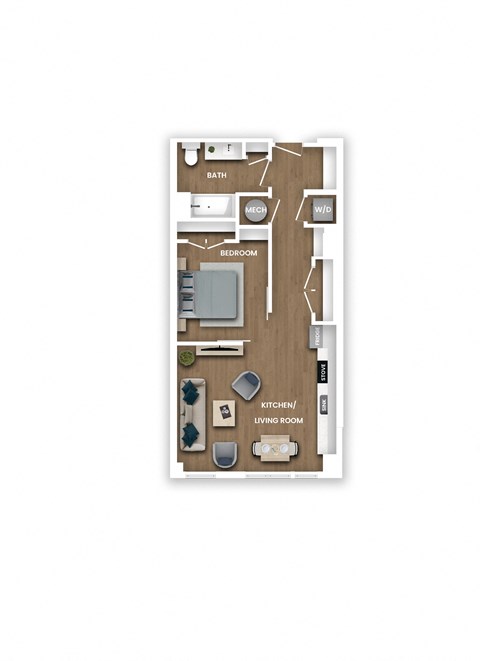 A floor plan of a small apartment with a kitchen, living room, and bathroom.