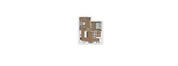 A floor plan of a small apartment with a kitchen, living room, and bedroom.