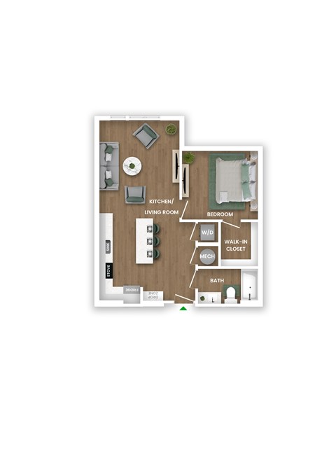 A floor plan of a small apartment with a kitchen, living room, and bedroom.
