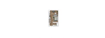 A floor plan of a small apartment with a kitchen, living room, bedroom, bathroom, and a balcony.