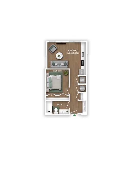 A floor plan of a small apartment with a living room, bedroom, and bathroom.