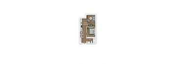 A floor plan of a small apartment with a kitchen, living room, bedroom, and bathroom.