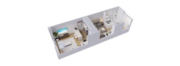 A 3D rendered image of a modern apartment layout.