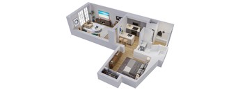 A 3D floor plan of a house with a living room, kitchen, dining room, and bedrooms.