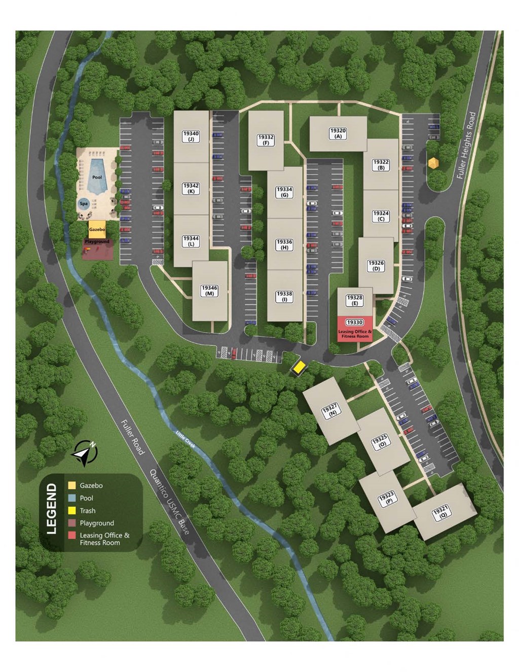A map of a park with a legend indicating a pool, playground, and tennis courts at Shenandoah Station Apartments, Triangle, VA, 22172