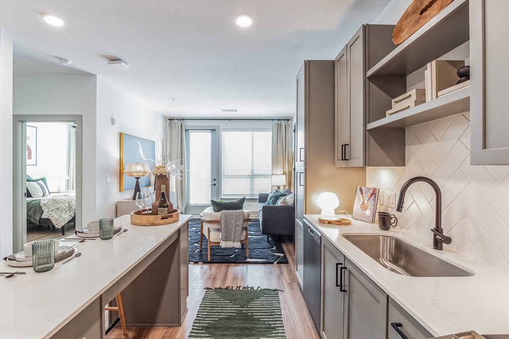 a kitchen with a sink and a view of a living room at South and Hollis, North Carolina, 28209