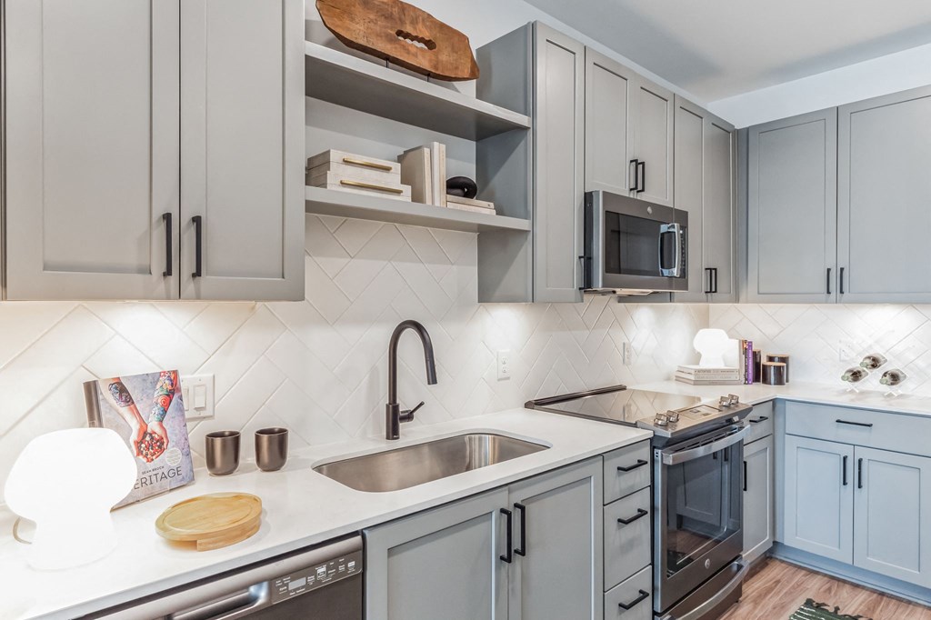 a kitchen with blue cabinets and a sink at South and Hollis, Charlotte,NC