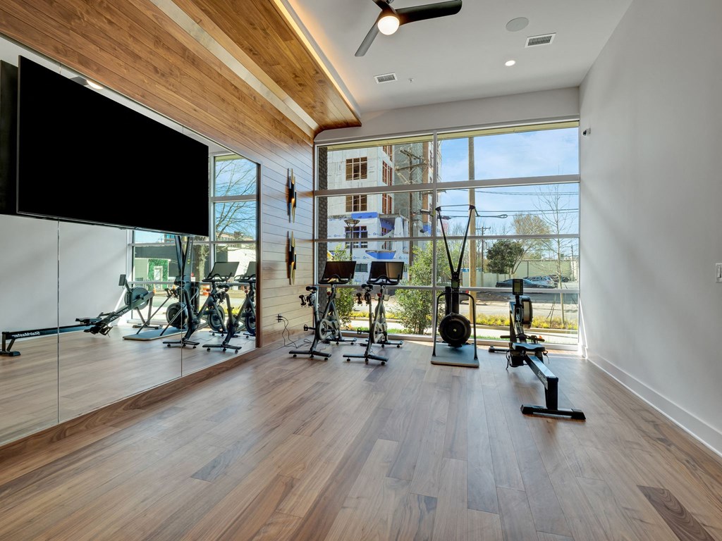 a home gym with a large window and a tv on the wall at South and Hollis, Charlotte, NC