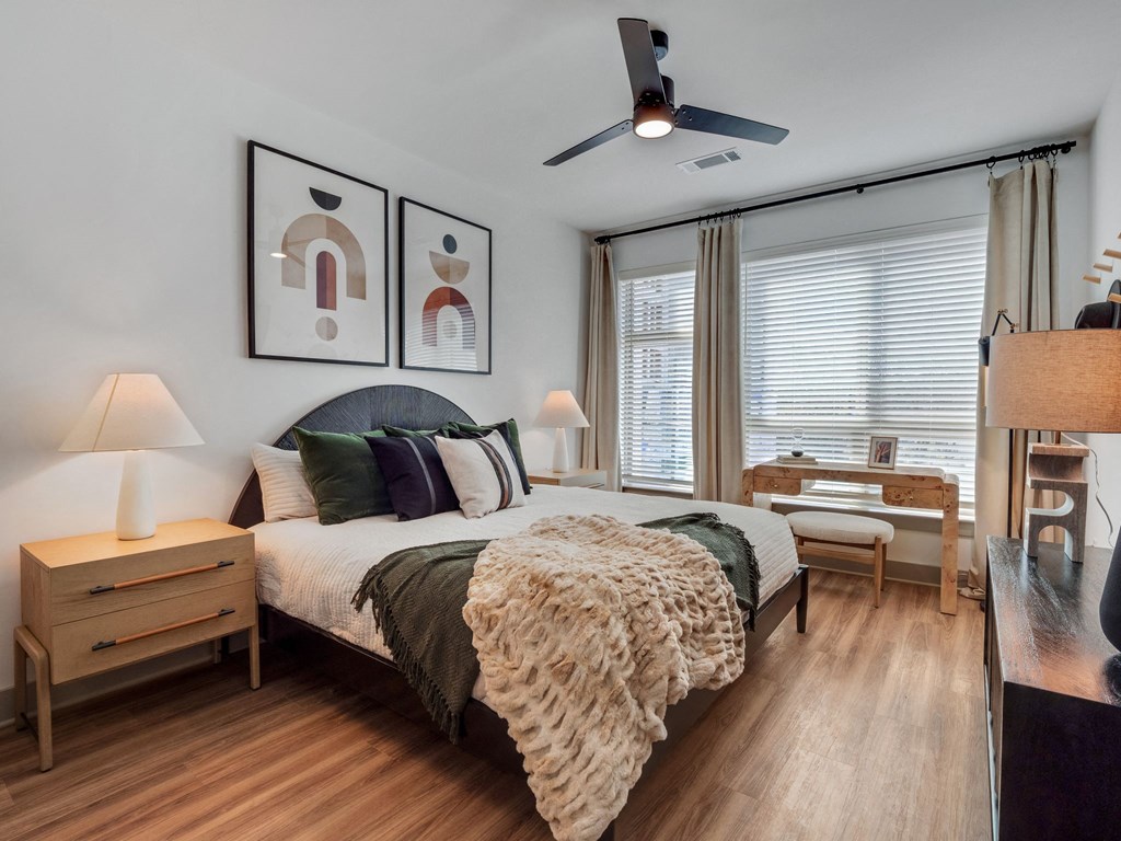 a bedroom with a bed and a ceiling fan at South and Hollis, Charlotte, NC, 28209