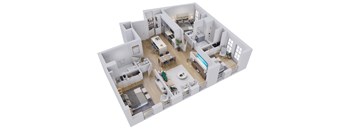 A 3D rendered image of a modern, white interior of a house.