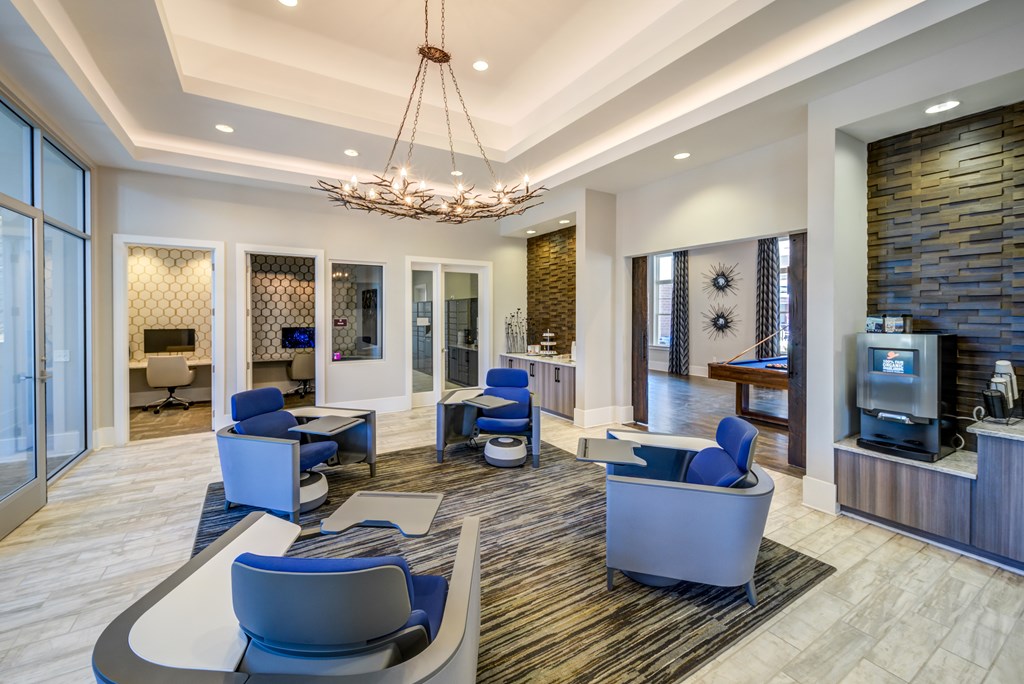 Office Space With Blue Chairs at The Aster Apartments, Cary, NC, 27519