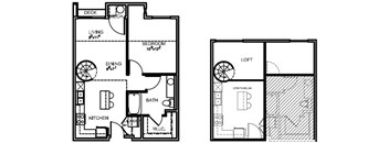 A floor plan of a two-bedroom apartment with a living room, dining room, kitchen, and bath.