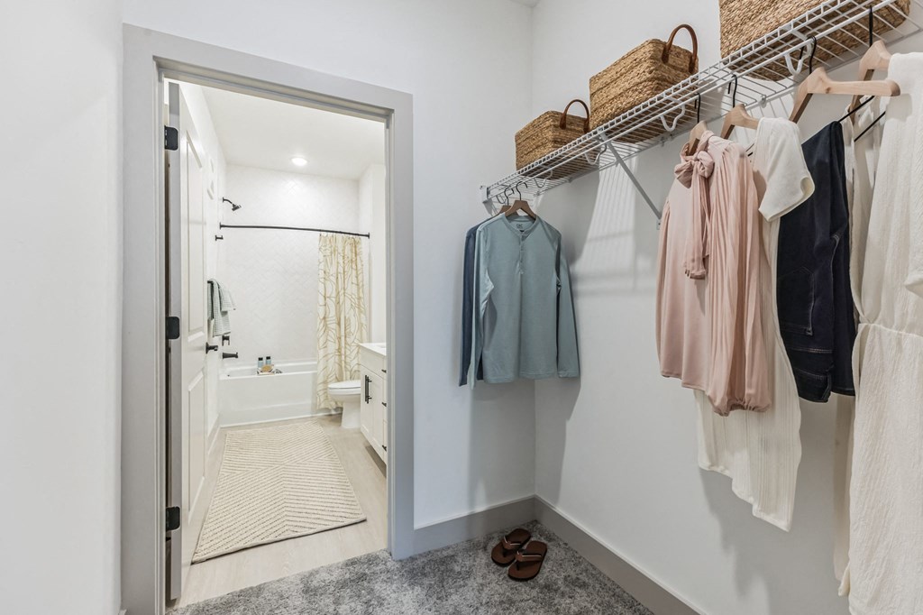 a closet with a mirror and a door to a bathroom at Metropolitan at the Riverwalk, Wilmington North Carolina