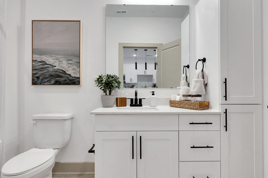 a bathroom with a sink and a toilet and a mirror at Metropolitan at the Riverwalk, North Carolina, 28401