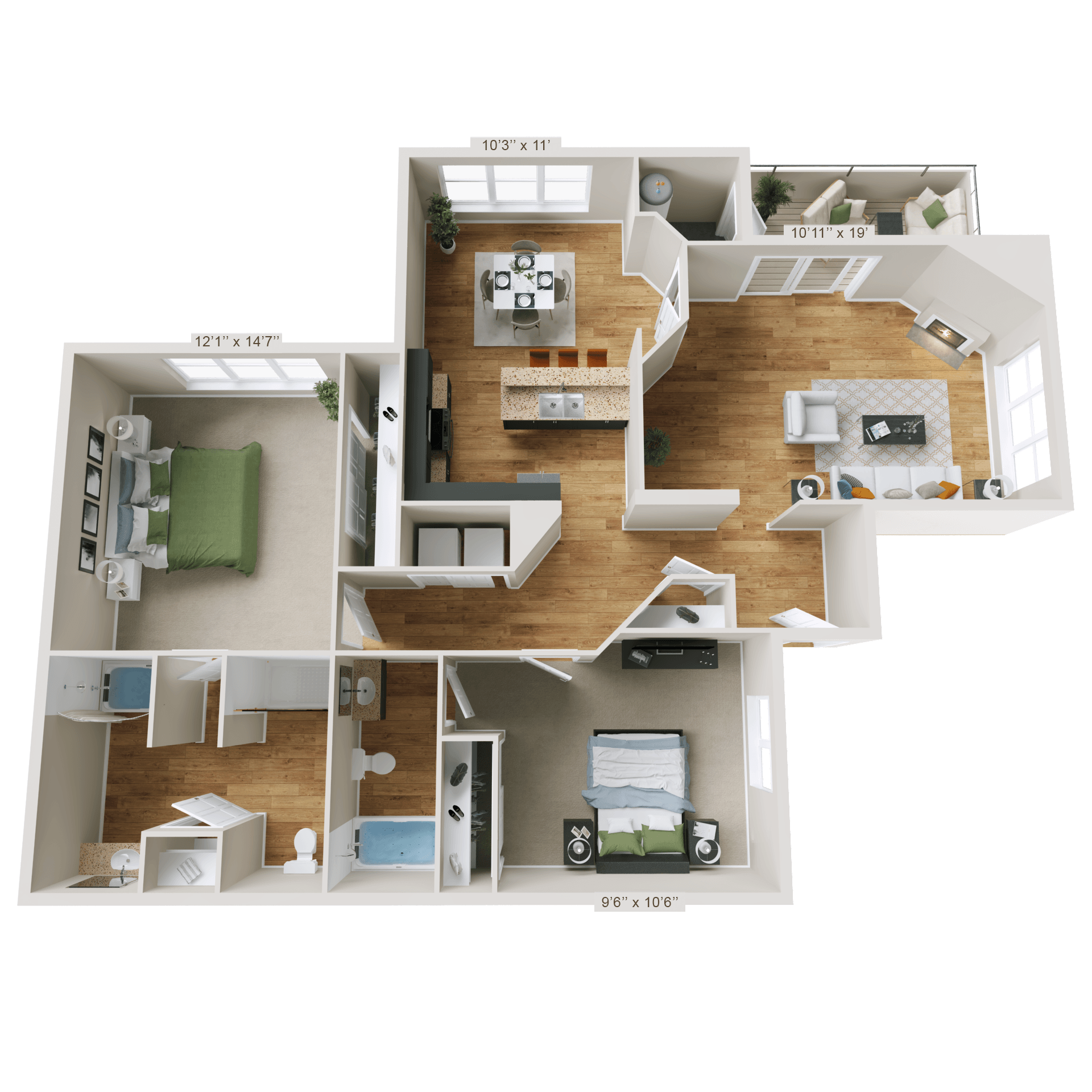 A 3D floor plan of a house with dimensions and room layout.