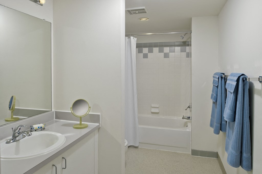 a bathroom with a sink and a shower and a mirror at Tindeco Wharf, Maryland