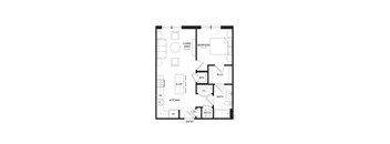 A floor plan of a small apartment with a living area, kitchen, bathroom, and bedroom.