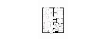 A black and white floor plan of a house with a living area, kitchen, bathroom, and bedroom.