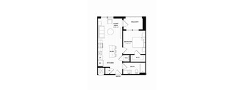A black and white floor plan of an apartment with a living area, bedroom, kitchen, and bathroom.