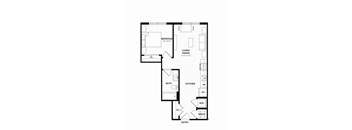 A floor plan of a house with a bedroom, living/dining area, kitchen, bathroom, and entry.