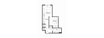 A floor plan of a house with a living room, kitchen, dining room, bedroom, bathroom, and a laundry room.