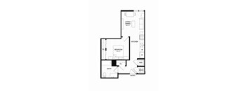 A floor plan of a small apartment with a bedroom, bathroom, kitchen, and living/dining area.