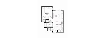 A floor plan of a home with a bedroom, living/dining area, kitchen, bathroom, and laundry room.