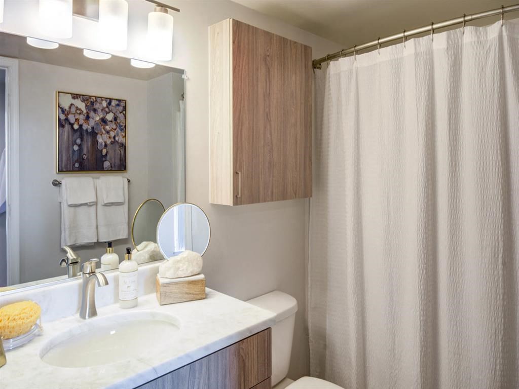 a bathroom with a sink and a toilet and a shower at Lincoln Old Town, Virginia