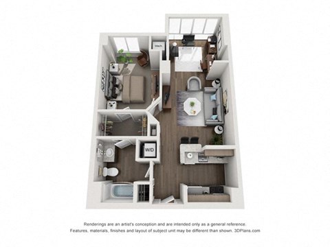 a stylized floor plan with a bedroom and living room at Lincoln Old Town, Virginia