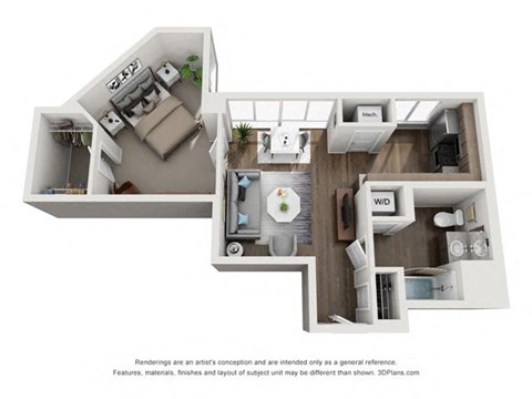 a stylized floor plan with a bedroom and a living room at Lincoln Old Town, Alexandria, 22314