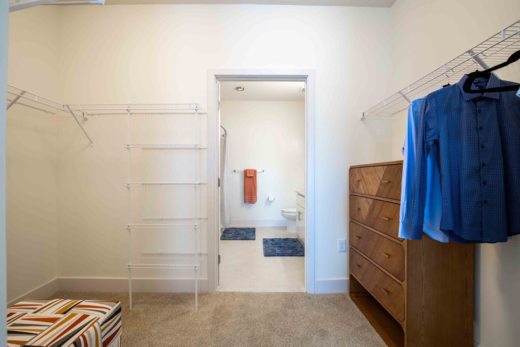 a walk in closet in a bathroom with a shower and a dresser at Woodmore Grand, Bowie