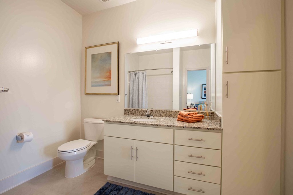 a bathroom with a toilet and a sink and a mirror at Woodmore Grand, Bowie
