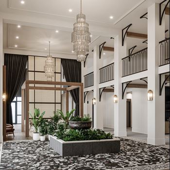 a rendering of a lobby with plants and chandeliers