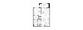 A floor plan of a house with a balcony, living area, kitchen, bathroom, and bedroom.
