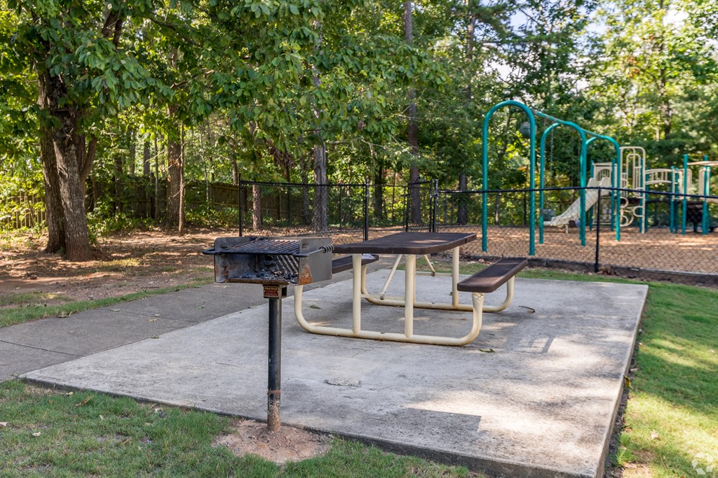 a picnic table and a grill in a park at Alexander Ridge Apartments, Canton , GA