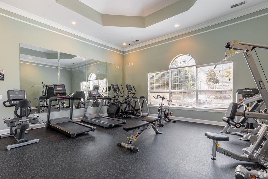 a gym with treadmills and other exercise equipment  at Alexander Ridge Apartments, Canton , Georgia