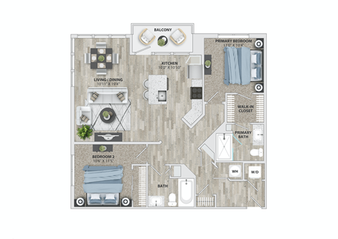 2 bed 2 bath B2 Floor Plan at Metropolitan at the Riverwalk, Wilmington