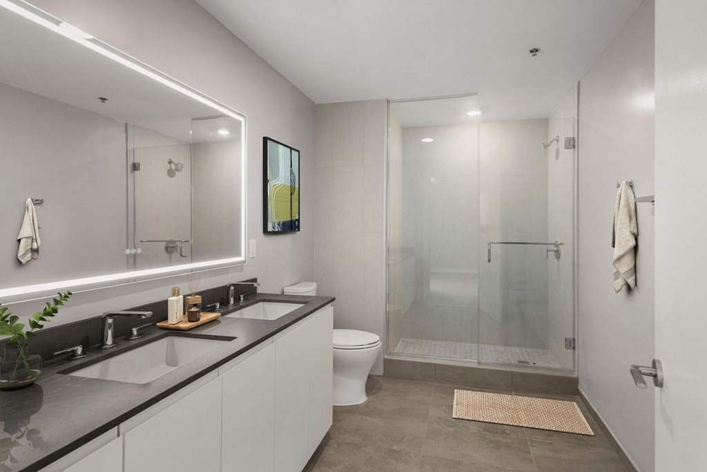 A modern bathroom with a walk-in shower and double sinks.