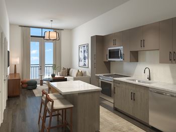 a rendering of a kitchen and living room in an apartment at La Unión, Tampa Florida