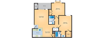 A floor plan of a house with a living room, two bedrooms, a dining room, a kitchen, a bathroom, a walk-in closet, and a study